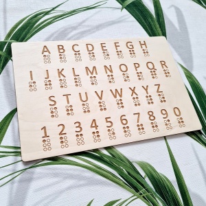 Alfabet Braille'a w drewnie, alfabet dla niewidomych, pismo punktowe, nauka braille'a, tabliczka na ścianę