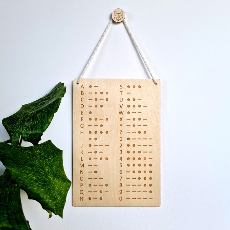 Alfabet Morse'a międzynarodowy, kod Morse'a, drewniana tabliczka